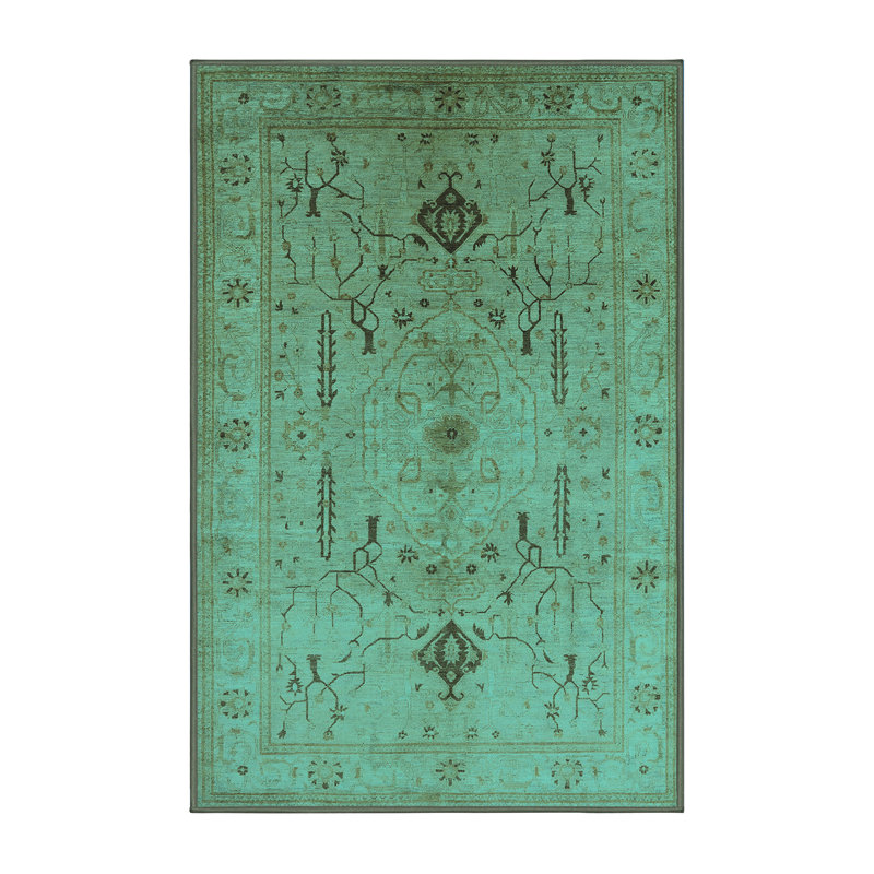 Tapis oriental en laine / polyester tissé à la machine en turquoise, Rectangle 5 pi x 8 pi