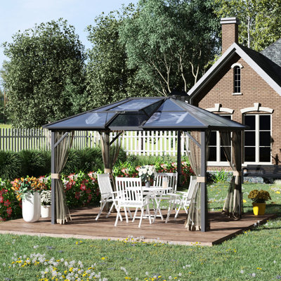 Abri de jardin avec toit en polycarbonate et cadre en aluminium massif pour rafraîchir le patio 10 pi x 12 pi et s'amuser