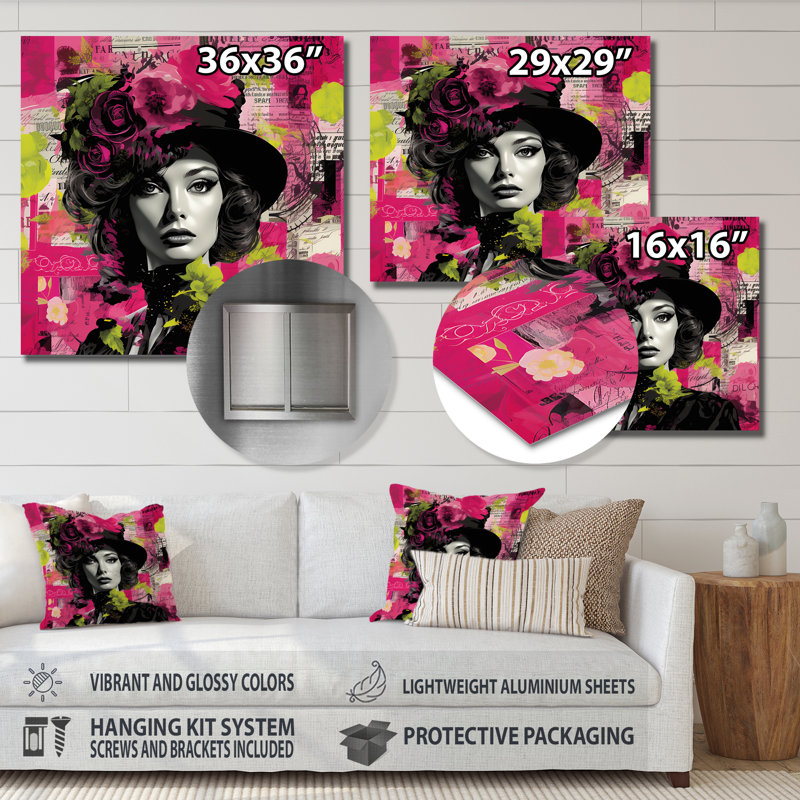 Popart rose et vert mode femme I - Pop Art, art mural en métal, H 36 po x l 36 po x P 1,5 po