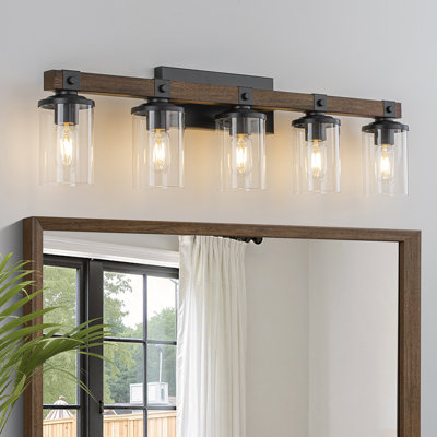 Aubagne 2/3/4/5-Light Farmhouse Wood Dimmable Vanity Lights for Bathroom with Clear Glass Cylinder Shade