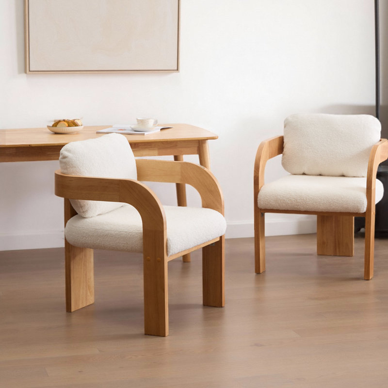Chaises de salle à manger 2 pièces avec dossier coussiné, assise en bois d'hévéa massif pour la cuisine, Bois naturel, Blanc
