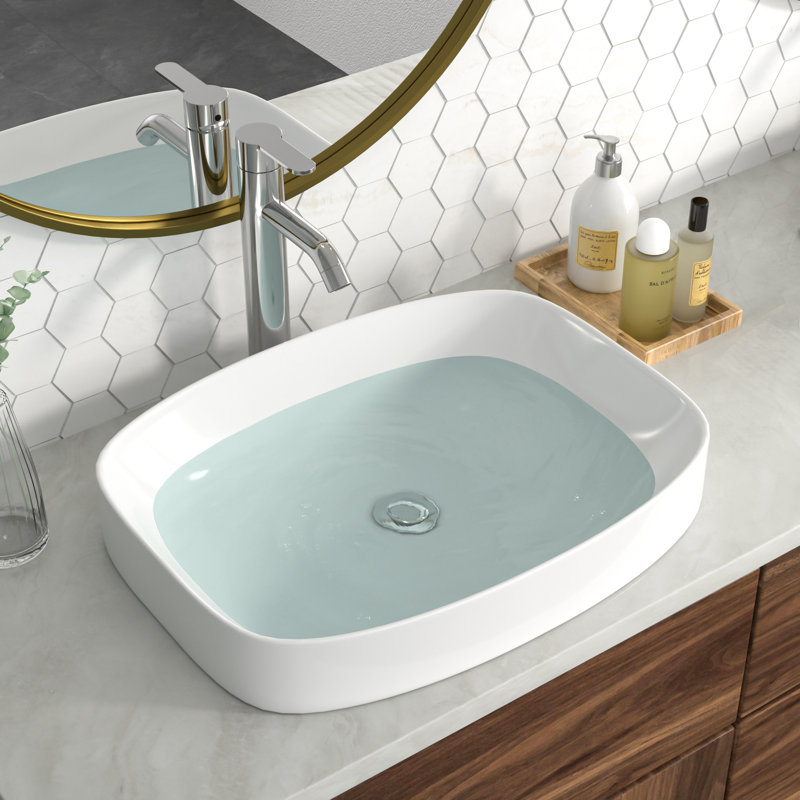 Lavabo de salle de bain rectangulaire en céramique semi-encastré au-dessus du comptoir L 20 po x l 15 po
