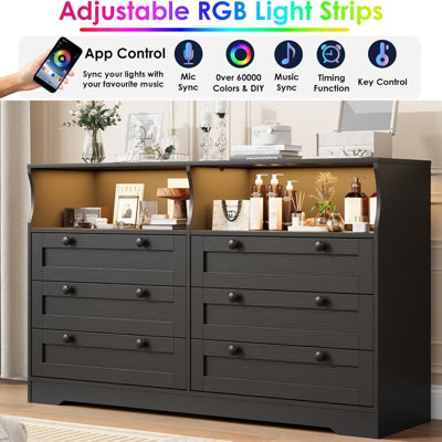 Large Wooden 6 Drawer Dresser With Power Outlet & Led Light