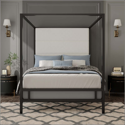 Modern Canopy Bed With Velvet Fabric Upholstered Headboard Metal 4-Poster Bed Frame, Box Spring Needed