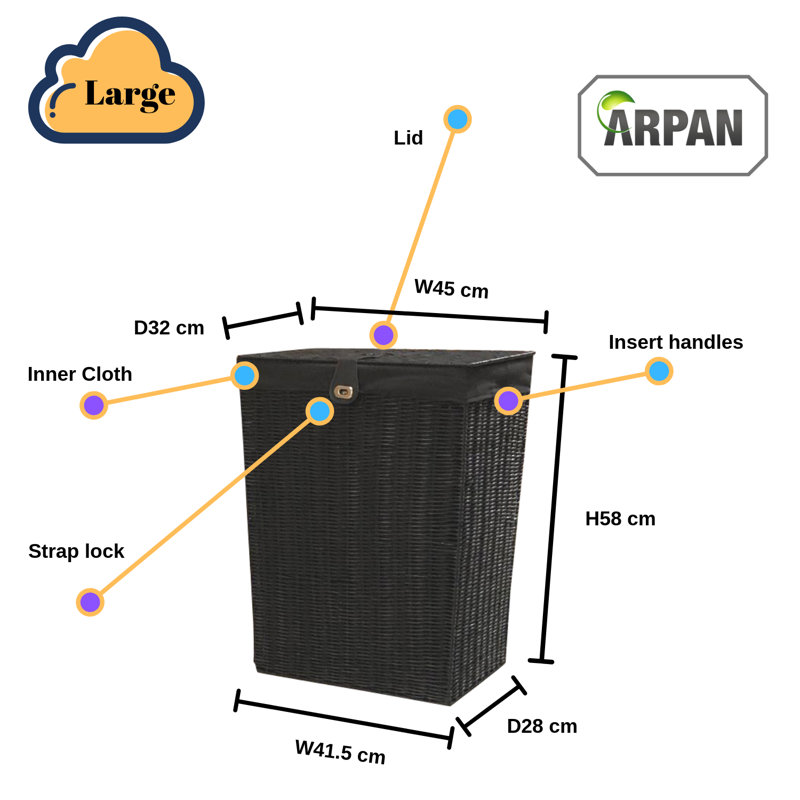 Resin Laundry Bin, Large (58 cm x 45 cm x 32 cm), Black