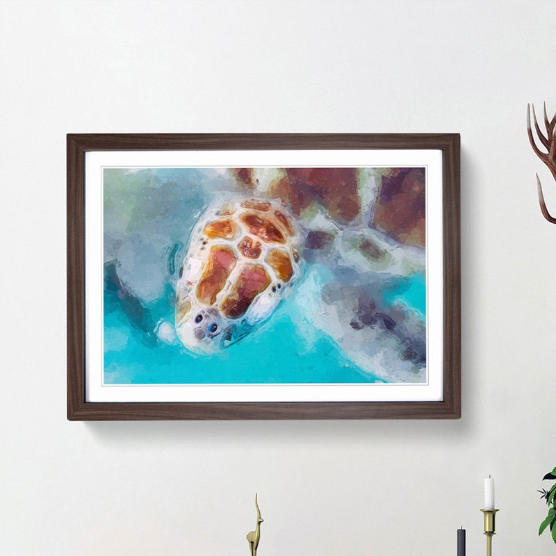 Green Sea Turtle in Abstract - Picture Frame Graphic Art Print on MDF, 27cm H x 36cm W x 2cm D, Walnut Framed