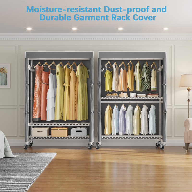 Heavy Duty White Rolling Garment Rack with Grey Cover