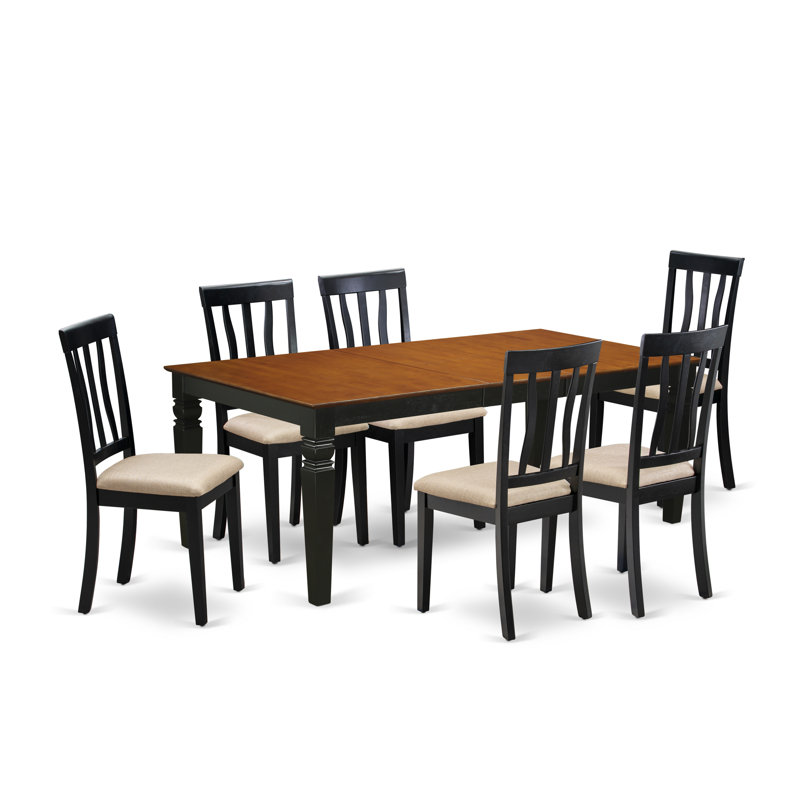 Ensemble de table de salle à manger 7 pièces composé d'une table rectangulaire en bois avec feuille papillon et 6 chaises de salle à manger en tissu de lin, noir et cerise