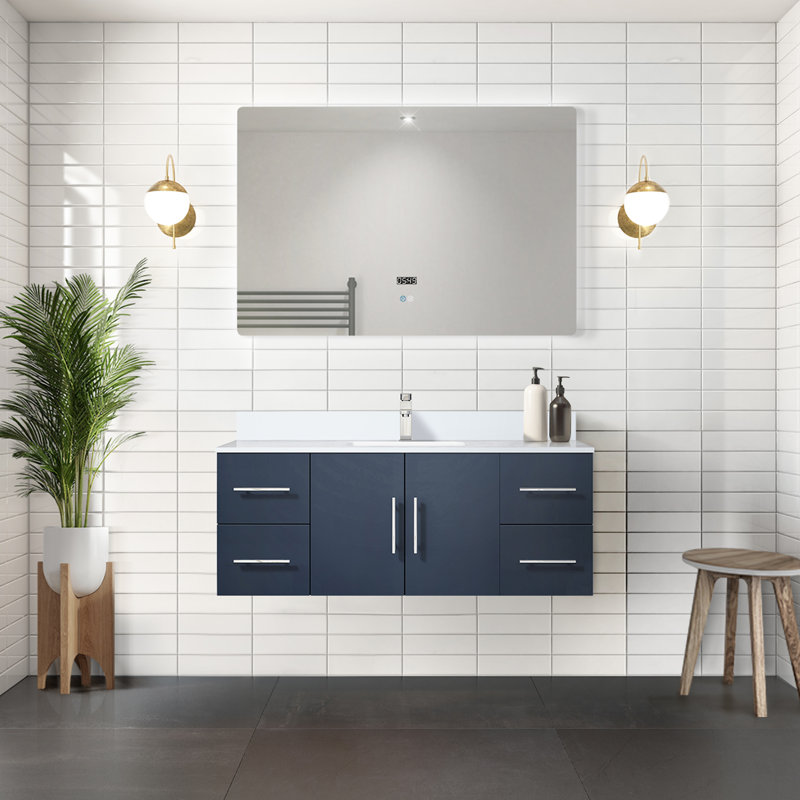 Ensemble de meuble-lavabo simple mural 48 "avec miroir Geneva, Gris foncé, Marbre de culture blanc