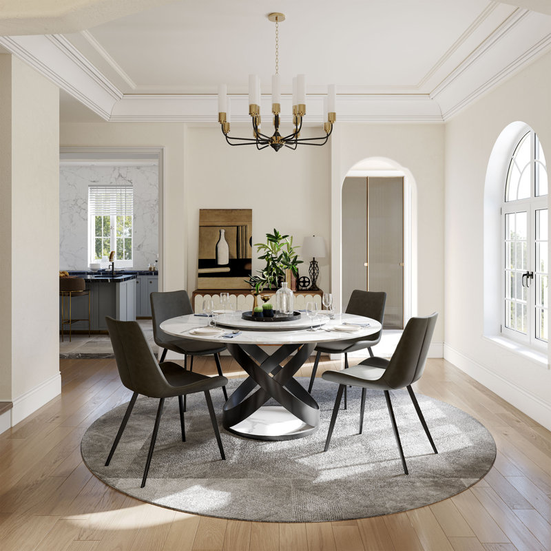 Suzzie Modern Round Turnable Dining Table for 4-6 with Sintered Stone Tabletop, Carbon Steel Base, White