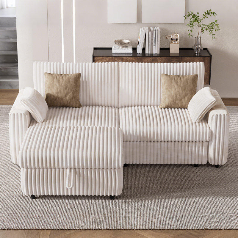 2 Seat Modular Sectional Sofa, Cream White Corduroy Couch With Storage Ottoman, Oversized Seat Cushion, Modular Design For Flexible Combinations, No-Tool Assembly, Includes 2 Throw Pillows