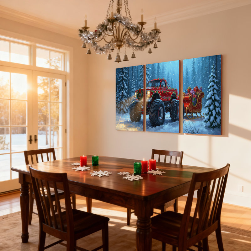 Camion de Noël de Noël tirant un traîneau dans la forêt enneigée, ensemble de 3 impressions d'art sur toile