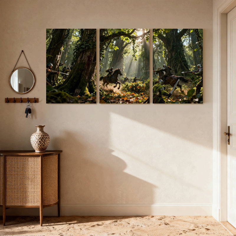 Ensemble de 3 reproductions d'art sur toile Mid-Century Forest Knights Bataille Sunlight Trees Horses Warriors