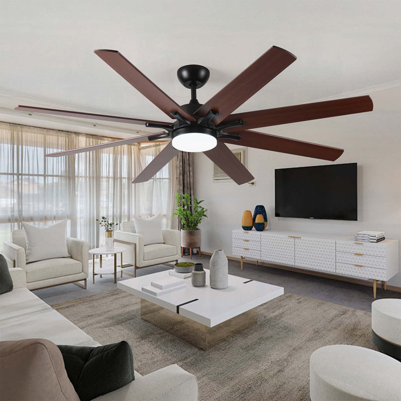 Grands ventilateurs de plafond de 72 pouces avec lumières et télécommande, ventilateur de plafond moderne noir intérieur / extérieur pour la cuisine du salon, moteur à courant continu silencieux réversible à 6 vitesses, 8 pales à finition double