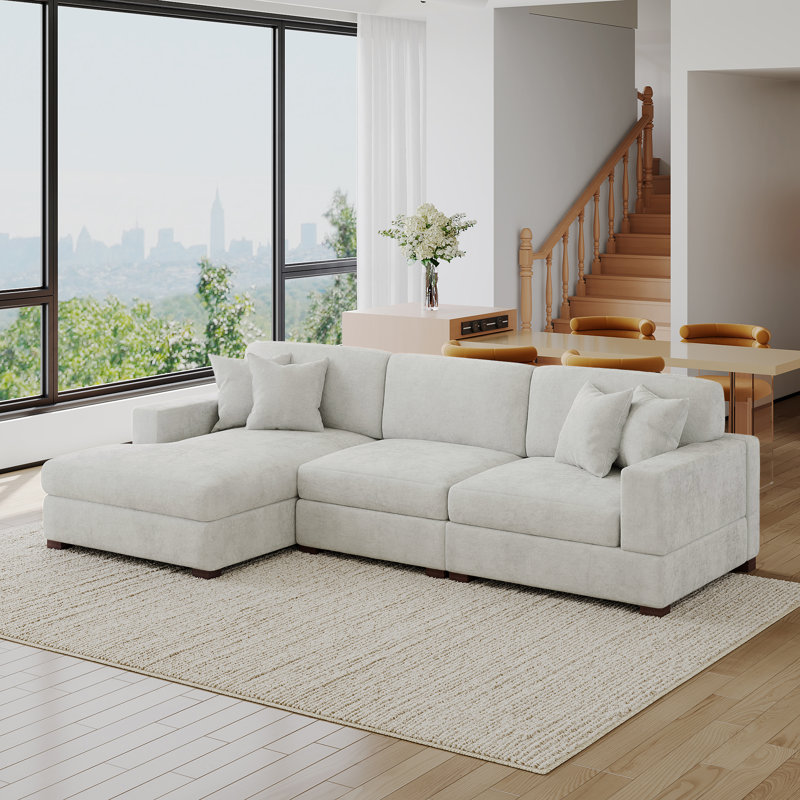 Canapé modulaire rembourré 3 pièces en chenille blanc cassé avec accoudoirs et coussins décoratifs, Off White Chenille