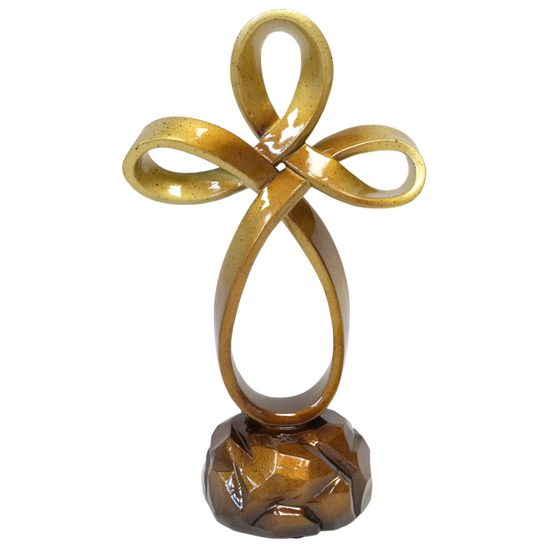 Polyresin Gold Ribbon on Rock Rustic Religious Standing Tabletop Cross