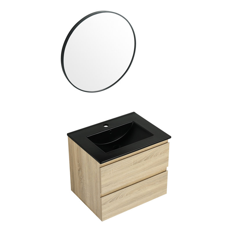 Évier de salle de bain mural 24 po, lavabo en céramique noire, 2 tiroirs à fermeture en douceur, chêne, meuble-lavabo moderne en contreplaqué, couleur chêne, fixation