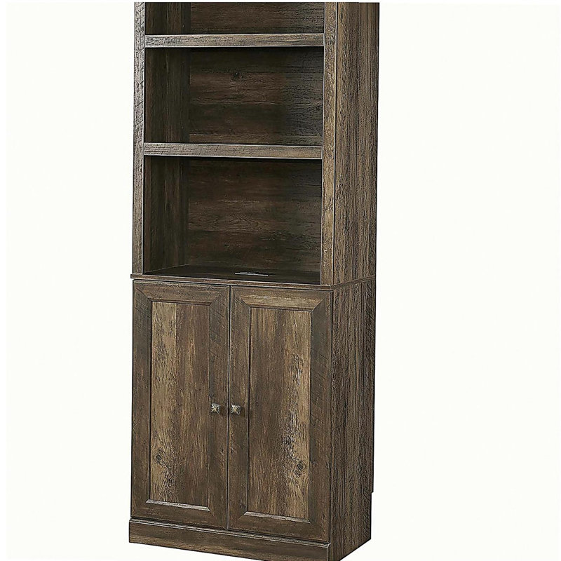 Bibliothèque 1 porte avec port USB et 3 tablettes ouvertes avec tablettes latérales, brun rustique, Brun