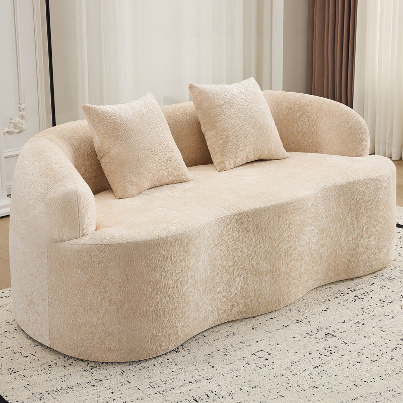 Boneless Beige Curved Loveseat Sofa with Round Armrest, Compression Couch with 2 Pillows, Cream for Small Space, No Assembly