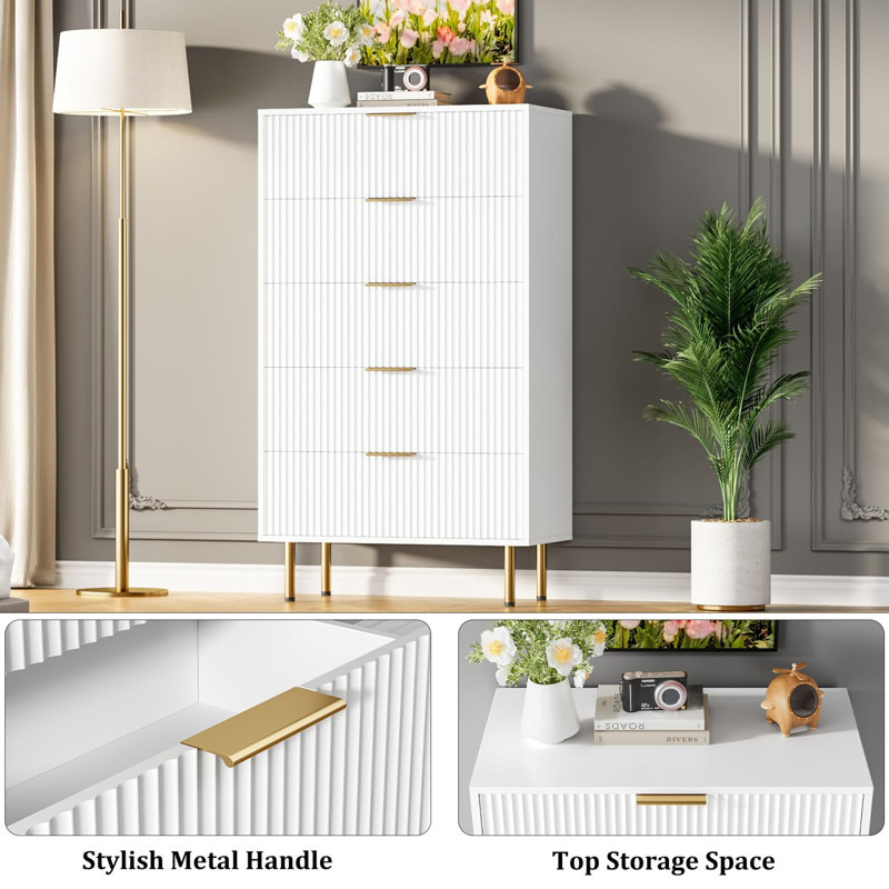 Commode 5 tiroirs, commode pour chambre à coucher, commode haute 47,9 po, Blanc