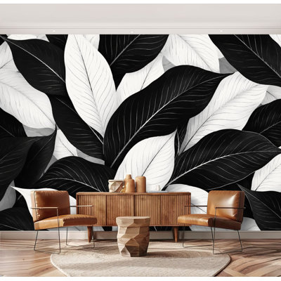 Wall Mural Peel and Stick Black White Leaf modern Monochrome Botanical Large Wallpaper Self-Adhesive Removable Contact Paper Wall Decor for Living Room Bedroom Nursery 69"H x 96"W