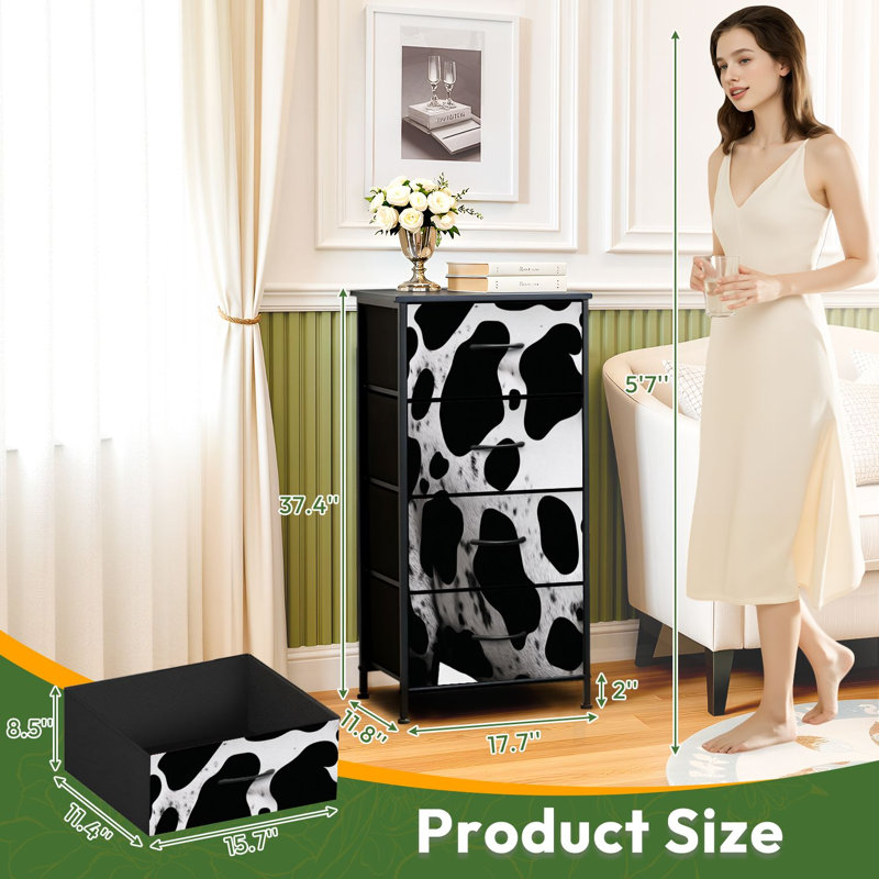 Commode à 4 tiroirs pour chambre à coucher, motif vache, texture peau western, taches de bétail, fourrure blanche, petite commode haute pour placard, rangement avec tiroirs et bacs de rangement en tissu.