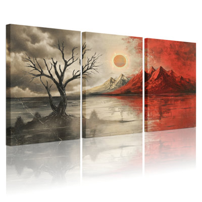 Ensemble de 3 tableaux sur toile tendue représentant un coucher de soleil sur une montagne et un arbre du désert