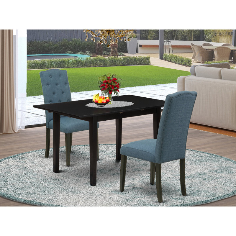 Ensemble de salle à manger en bois d'hévéa massif Alyssya, Noir, Bleu minéral, Ensemble de trois pièces : table, deux chaises