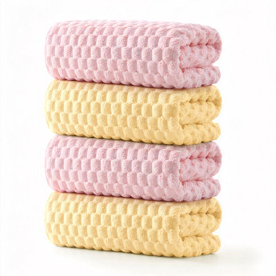 Waffle Microfiber Bath Towel Set, Highly Absorbent Lightweight Towels,4 Piece (Pink Yellow)