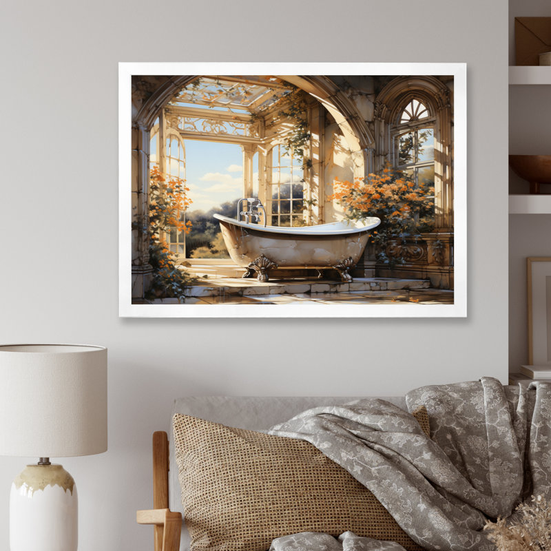 Bathroom Golden Luxe I - Print, White Single Picture Framed, 16" H x 32" W x 1" D