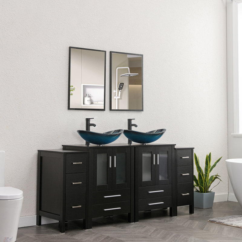 Meuble-lavabo double autoportant de 72 po avec plateau en verre et miroir Base color: BlackSink color: Blue, Bleu, Noir
