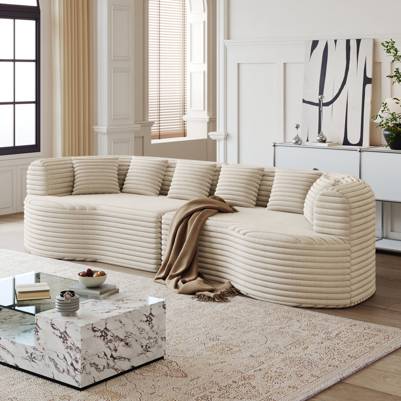 Canapé modulaire courbé de 106 po - Très grande méridienne Cloud avec 6 coussins, 4 places en velours côtelé moelleux et siège en mousse à mémoire de forme, beige