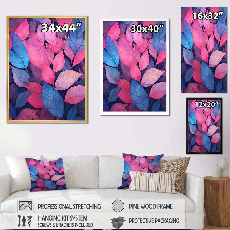 «Pink Blue Leafs Harmony III», reproduction sur toile, H 32 po x l 16 po x P 1 po, Cadre naturel flottant