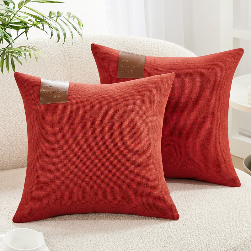 Decorative Solid Pillow Covers with Leather Label (Set of 2), 22"H x 22"W, Red