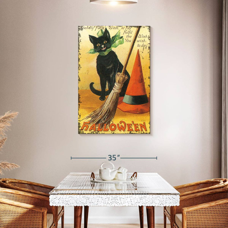 Chat nostalgique avec balai Lelend Halloween, H 45 po x l 30 po