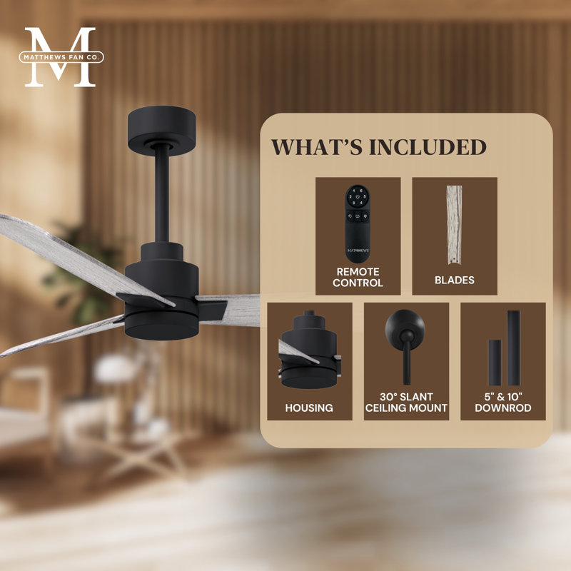 Alessandra Outdoor Downrod Ceiling Fan, Matte Black, Barn Wood Tone