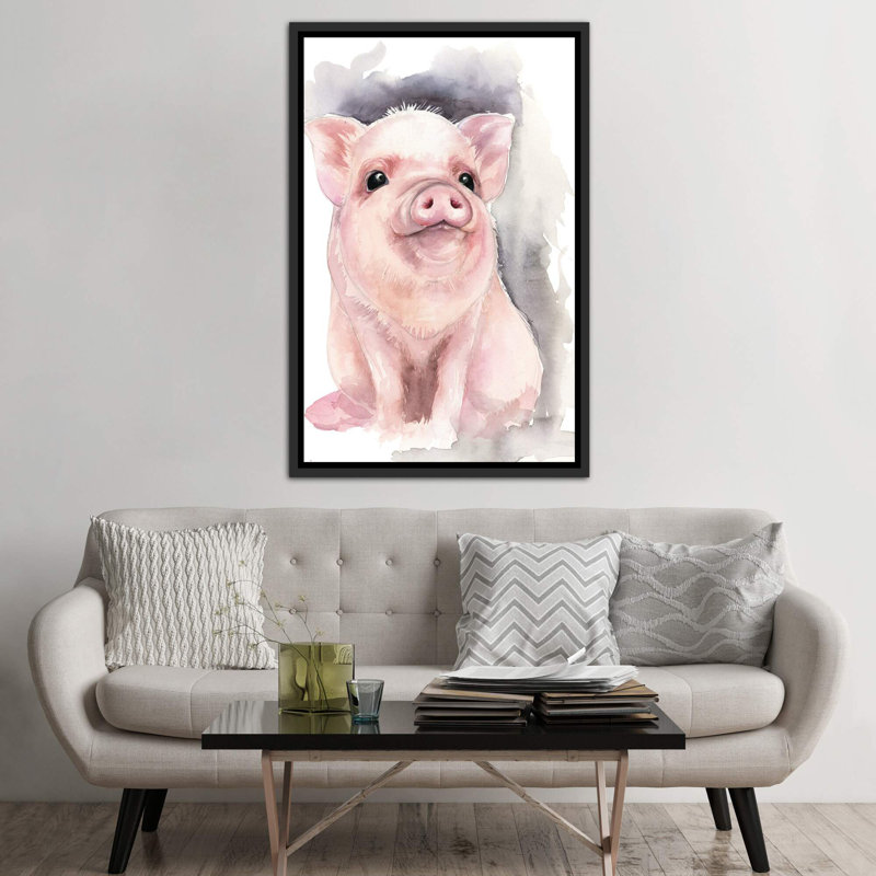 Décoration murale cochon pour enfants, Toile avec cadre noir patiné, H 60 po x l 40po x P 1,5 po