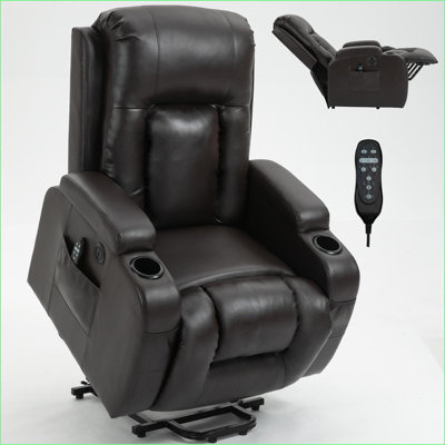 Recliners Power Lift Chair with 8-Point Massage &amp; Lumbar Heat, 350 LBS Capacity, USB Port, Cup Holders | Walnut Brown