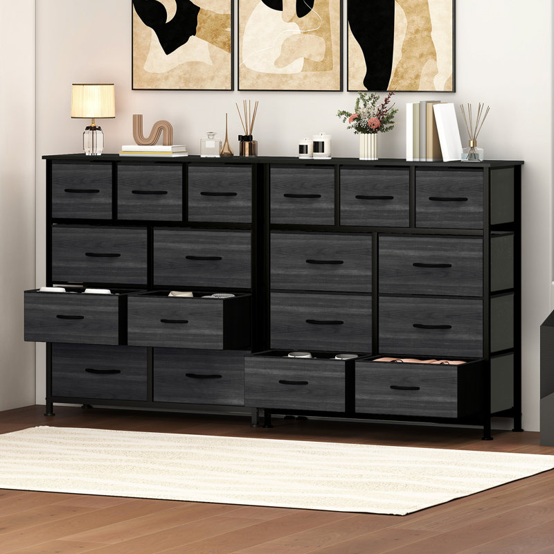 Commode 9 tiroirs Balconera Edrosie Inc (ensemble de 2) - plateau en bois et grand rangement, Gris délavé/noir