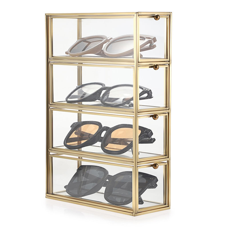 Boîte de rangement pour lunettes de soleil avec 4 tiroirs, porte-lunettes en métal doré et porte-lunettes, organisateur à tiroirs multiples en verre transparent pour lunettes