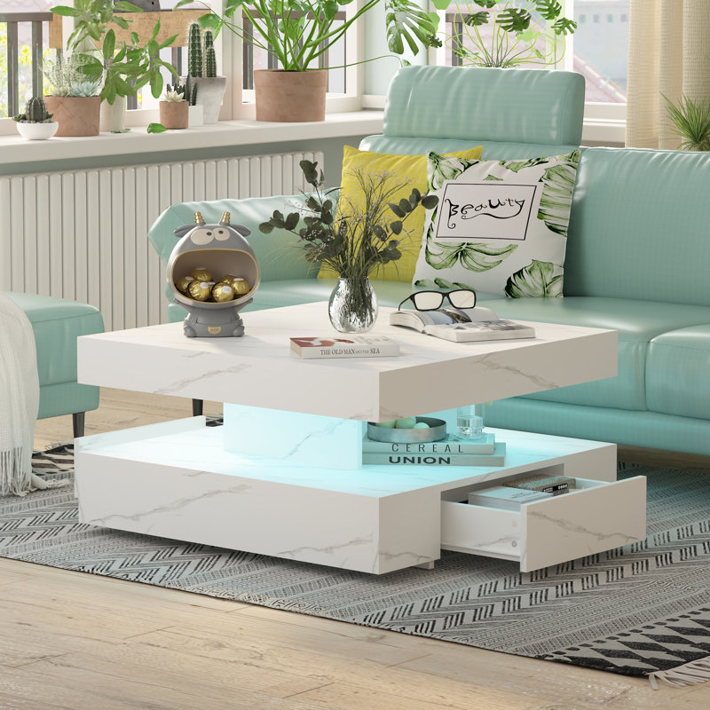 Modern Square Coffee Table with Storage & 20-Color RGB LED Lights for Living Room, White Marble