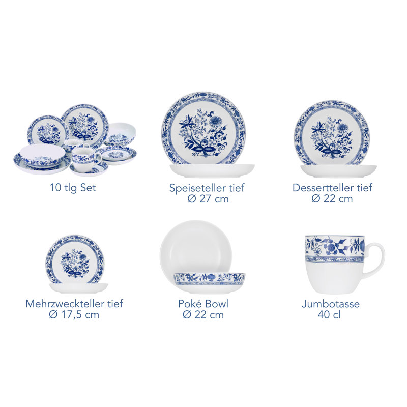 Allround - Onion Pattern 10 Piece Dinnerware Set, Service For 2