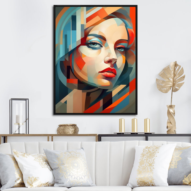 Portrait de femme pop cubique sur toile, Cadre flottant noir, H 40 po x l 30 po x P 1,5 po