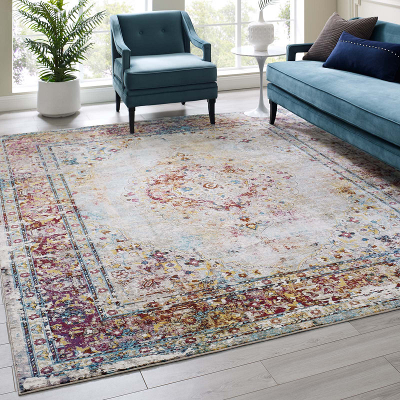 Tapis multicolore à motif floral persan rétro et délavé Succès Merritt, Rectangle de 5 pi x 8 pi