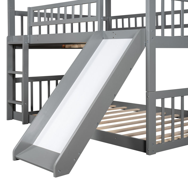 Grey Triple Bunk Bed, Space Efficient, Constructed With Wood Bed In Grey, Build Guardrails And Play Element