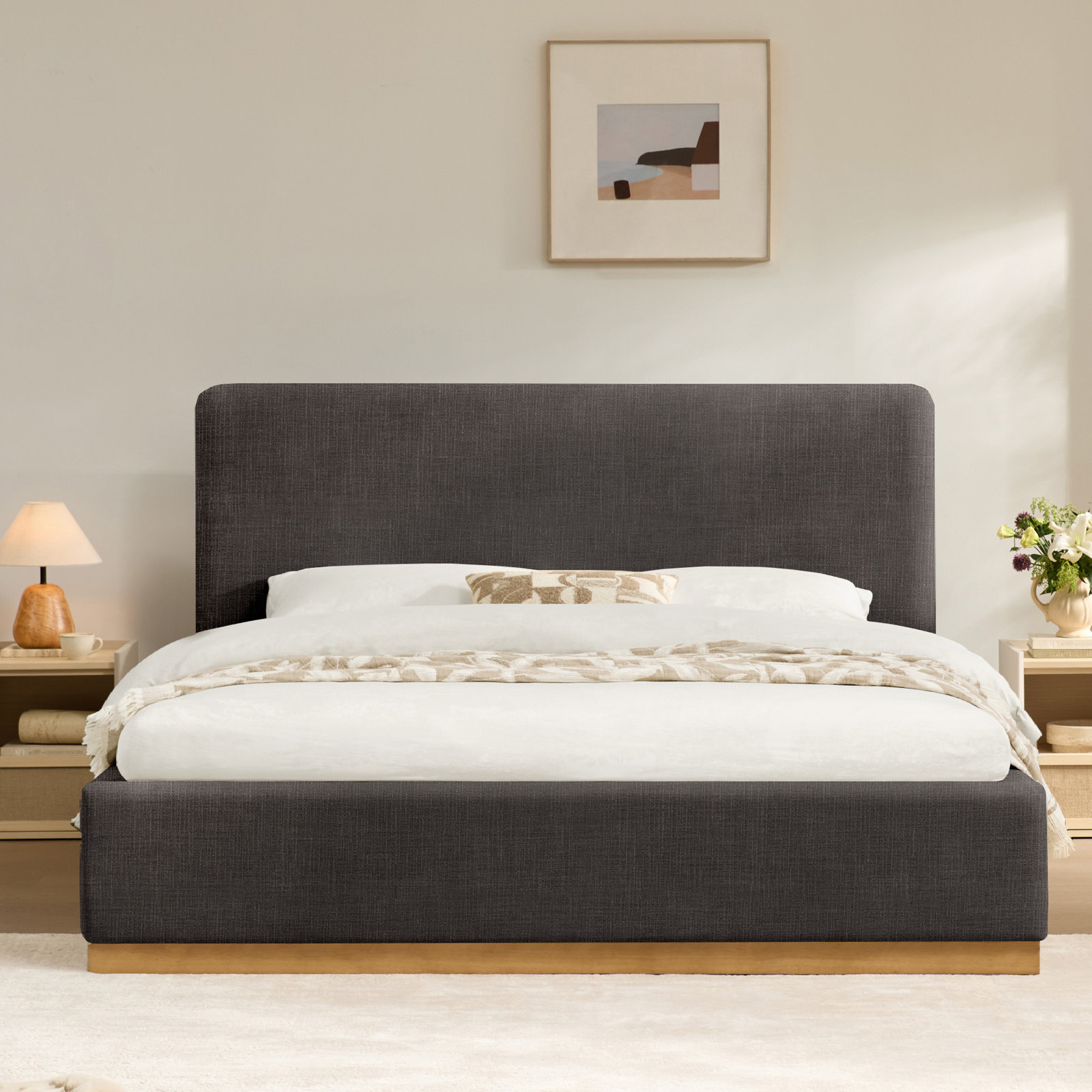 Delpha Upholstered Oak Bed, King, Selene Stone