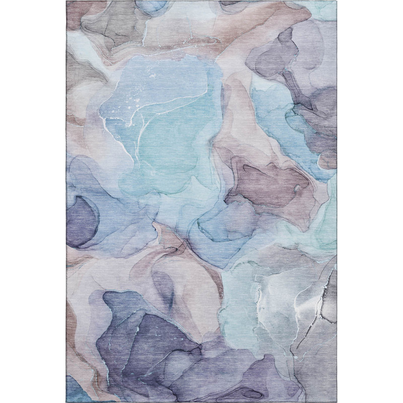 3' X 5' Navy Blue Purple And Gray Abstract Washable Area Rug With UV Protection