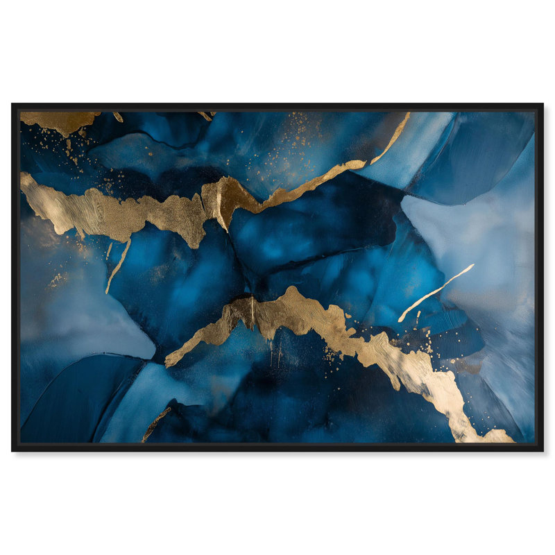 "Dark Blue Texture with Golden Touch III", art mural bleu par , H 11 po x l 16 po, Cadre flottant noir