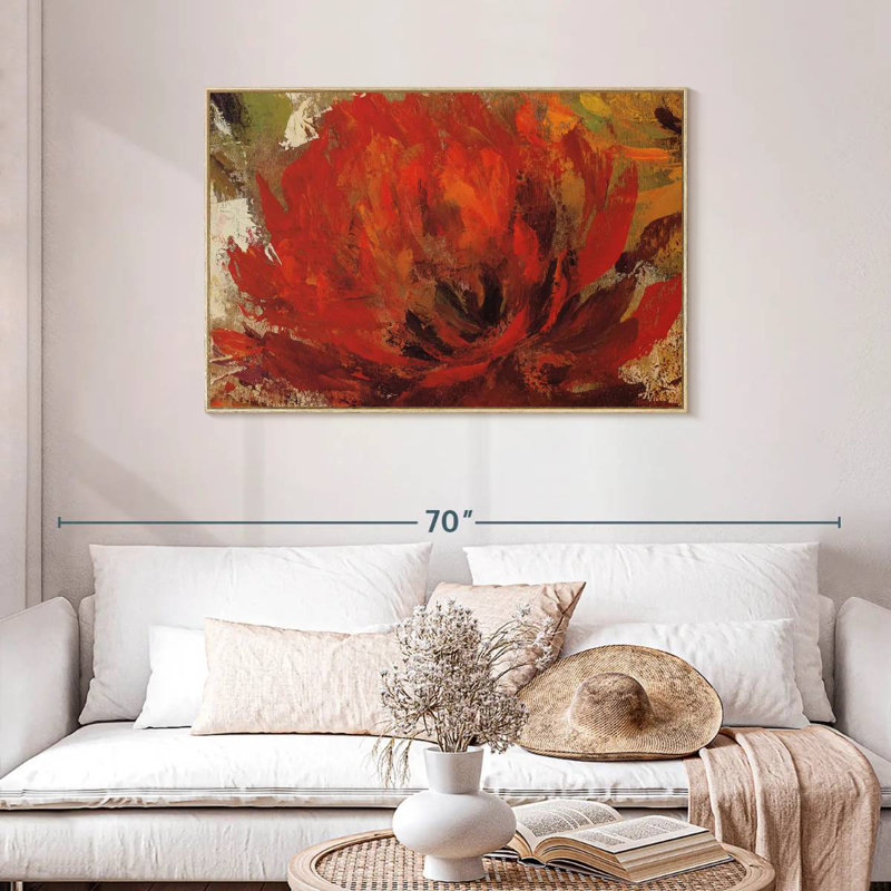 Fiery Dahlias II, 46" X 31", Floating Frame Natural Wood