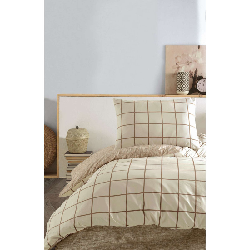 Ensemble de housse de couette simple Elegant Ranforce, couleur crème | 100% coton, housse de couette 63,0 x 86,6 pouces, drap-housse 39,4 x 78,7 + 11,8 pouces, taie d'oreiller 19,7 x 27,6 pouces | Lavable à la machine, fermeture à boutons et enveloppes, doux et respirant